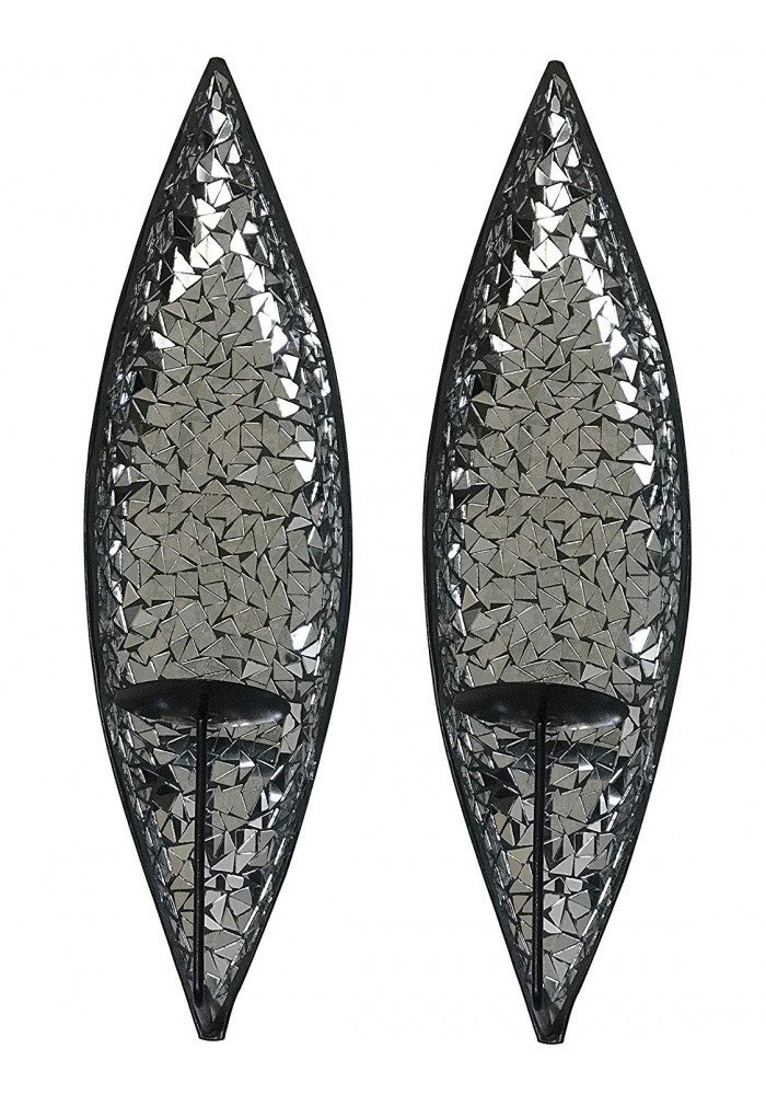 Decors Silver Lake Bella Palacio Mirrored Glass Mosaic Metal Wall Mounted Decorative Candle Holder Sconce Set Of 2 Large Size 18 In Light Weight Decor - Large Metal Wall Mounted Candle Holders