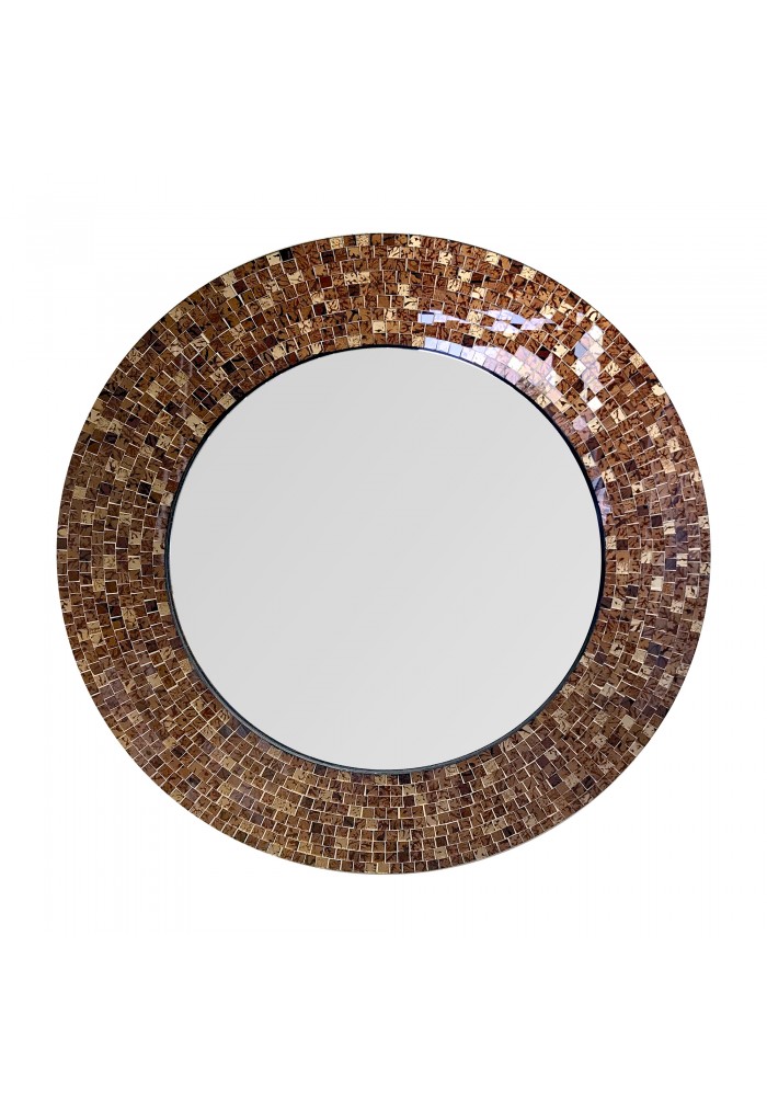 24" Brown Traditional Decorative Mosaic Wall Mirror, Handmade Mosaic Framed Round Accent Wall Mirror by DecorShore