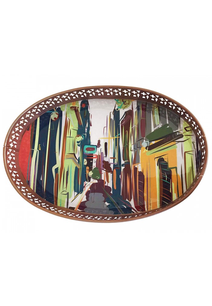 DecorShore Designs Decorative Tray 15x8x2 inch Metal Tray with Colorful Graphic Art Painting of Eurpoean City Streets