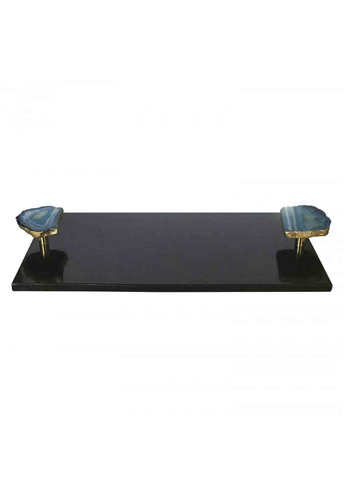 DecorShore Luxe Designs 16x9 Large Decorative Genuine Black Marble Granite Tray with Authentic Blue Agate Slice Handles