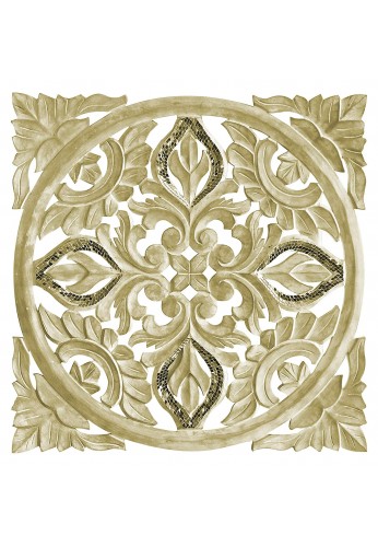 Hand Carved 24 in. Decorative Wood Wall Panel in Rustic Golden Ivory Floral Scroll Relief Wall Sculpture with Mirrored Glass Mosaic Accents Three Dimensional Home Decor Accents in Square Shape