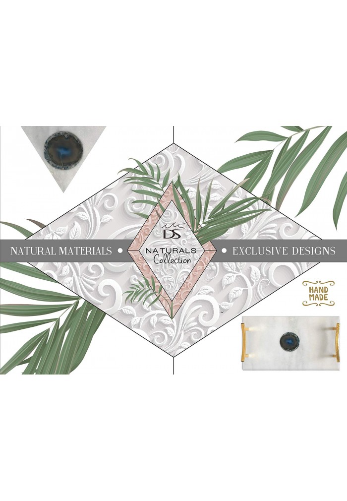 DecorShore Luxe Designs Decorative Genuine Marble Tray in White with Authentic Blue Agate Slice 16x9 and Shiny Gold Finish Handles, Large Size
