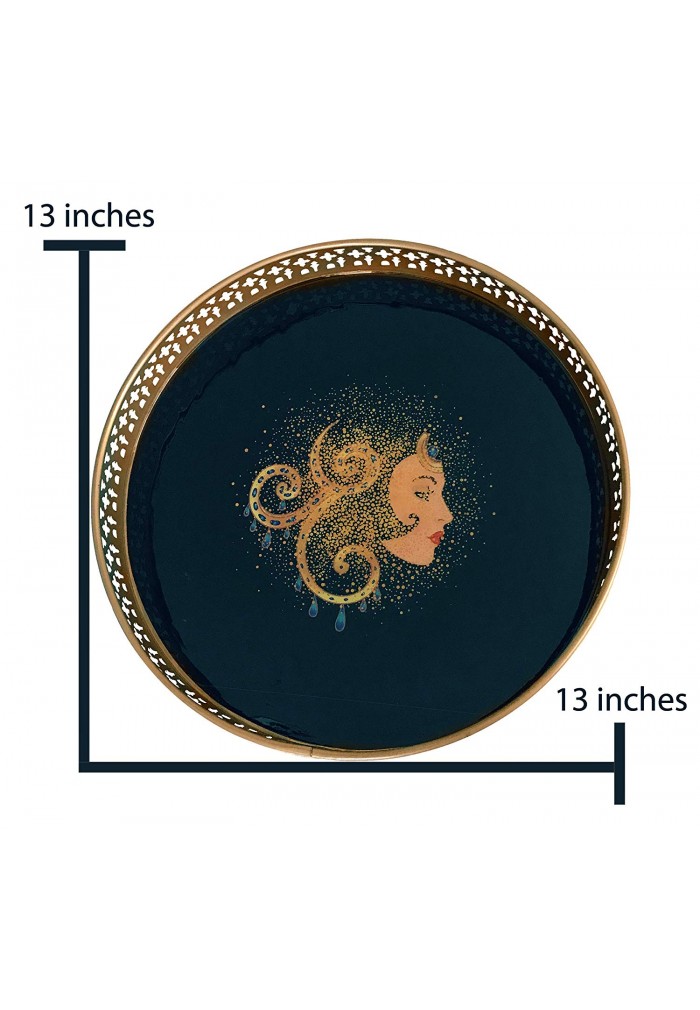 DecorShore Designs Decorative Tray 13x13x2 inch Metal Tray with Mystical Princess Illustration in Blue and Brushed Gold
