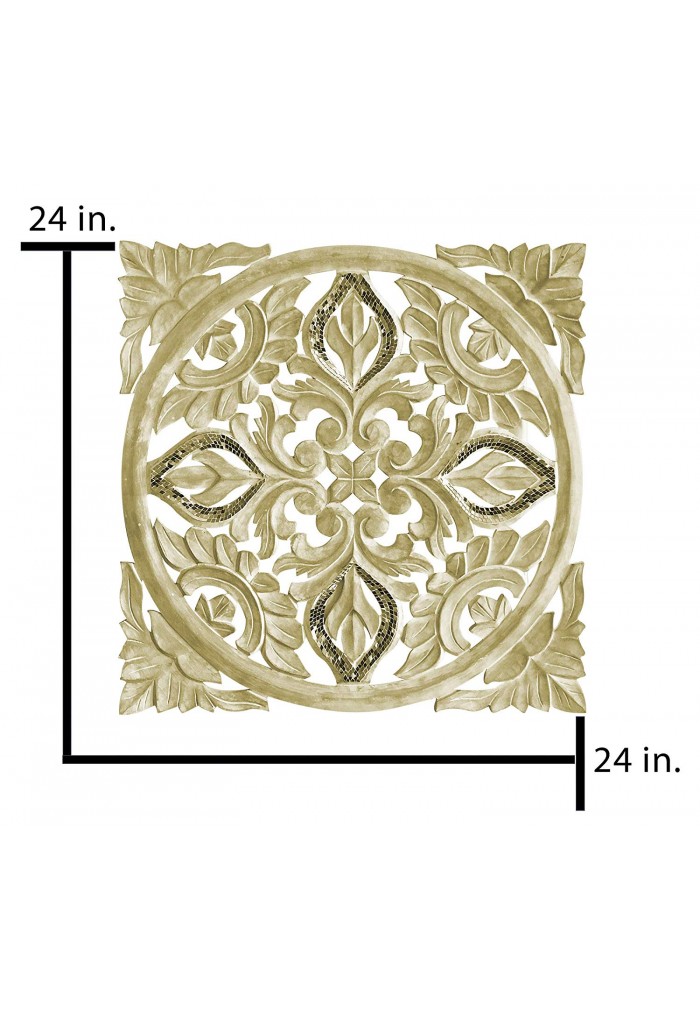 Hand Carved 24 in. Decorative Wood Wall Panel in Rustic Golden Ivory Floral Scroll Relief Wall Sculpture with Mirrored Glass Mosaic Accents Three Dimensional Home Decor Accents in Square Shape