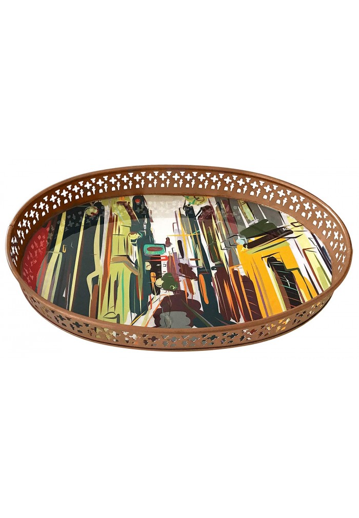 DecorShore Designs Decorative Tray 15x8x2 inch Metal Tray with Colorful Graphic Art Painting of Eurpoean City Streets
