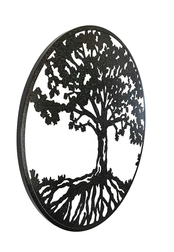 Round Metal Wall Art Decorative Wall Sculpture Natural Harmony Tree of Life Hanging Wall Decor in Matte Black