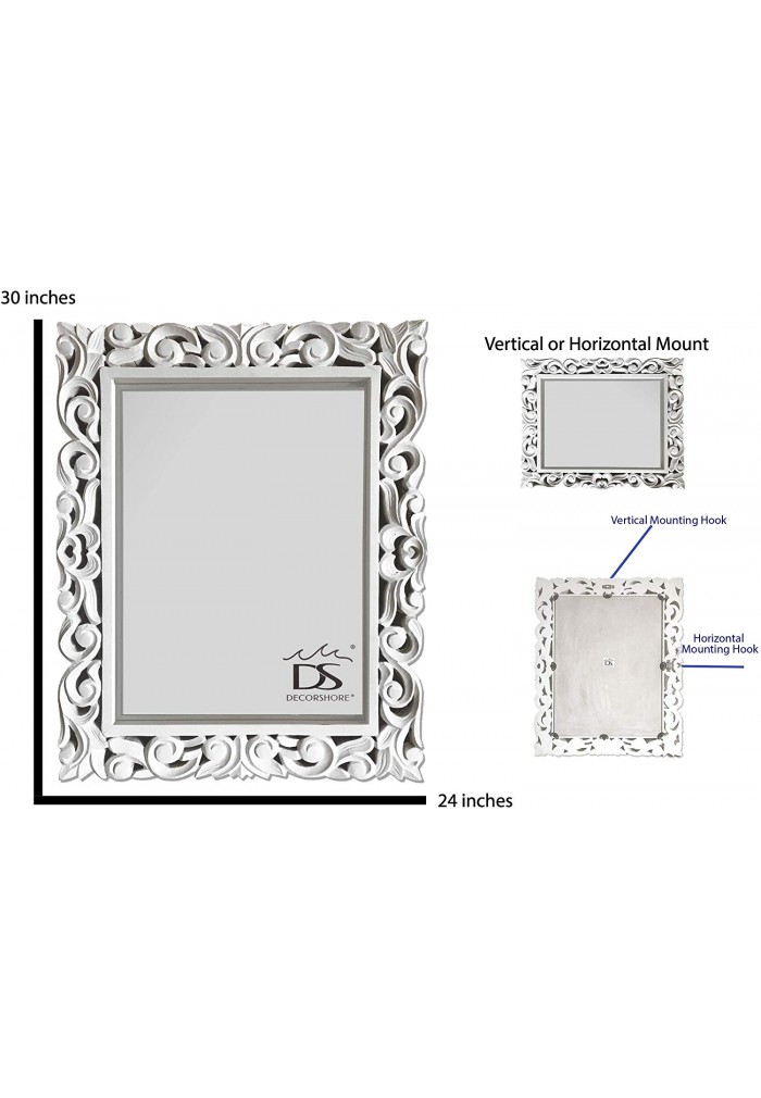DecorShore 30 x 24 in Genuine Hand-Carved Mango Wood Rectangular Wall Mirror Vintage in White Finish