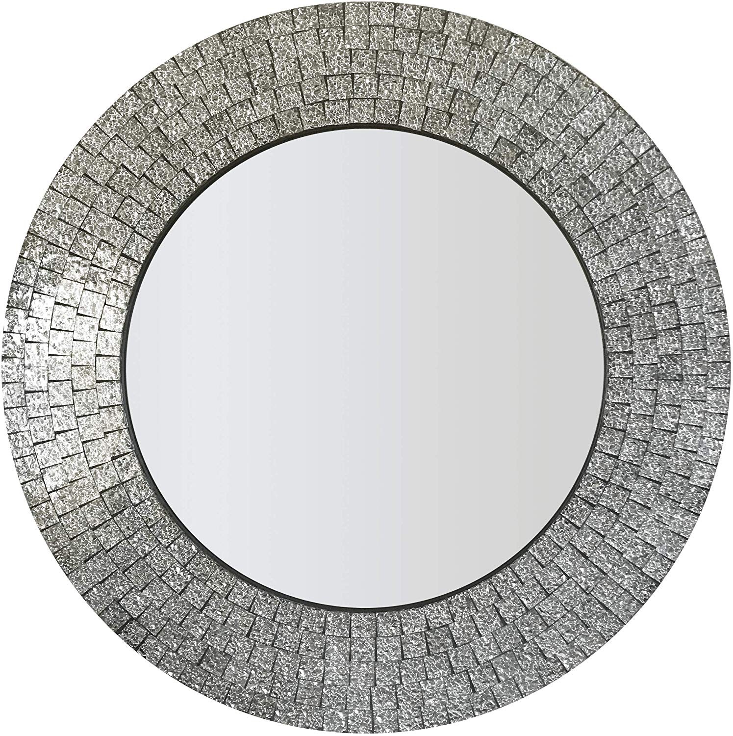 Round Crackle Mirror Mosaic Silver Frame 40 x 40cm Bedroom Bathroom Hall Home 