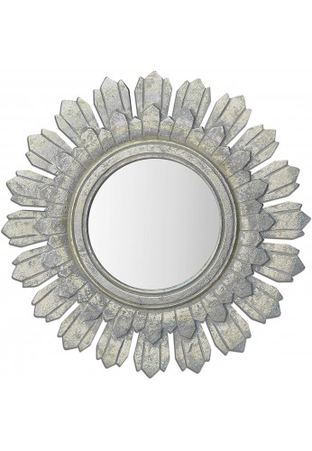 DecorShore Relics Collection 24 in. Rustic Wooden Sunburst Accent Mirror in Antiqued Silver Patina Finish