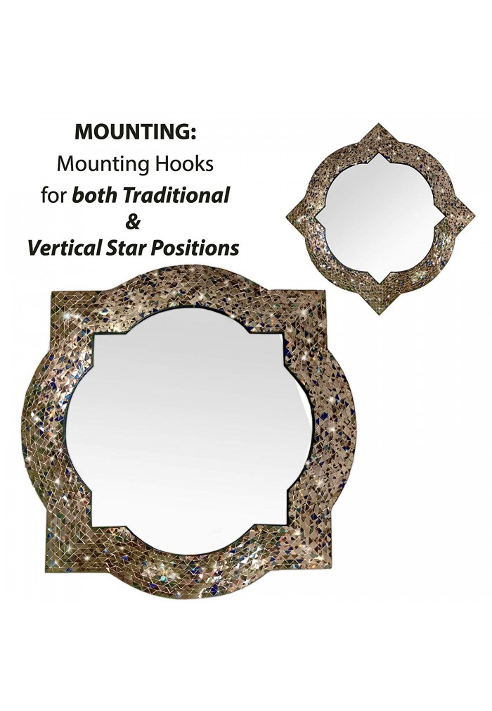 Andalusian Quatrefoil Mirror, Lindaraja Designer Mosaic Glass Framed Wall Mirror, 24" x 24" Colorful Handmade Wall Mirror Mosaic Quatrefoil Frame