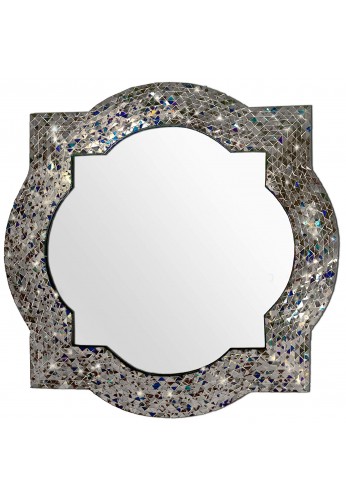 Andalusian Quatrefoil Mirror, Lindaraja Designer Mosaic Glass Framed Wall Mirror, 24"x24" Colorful Wall Mirror (Multi Silver)