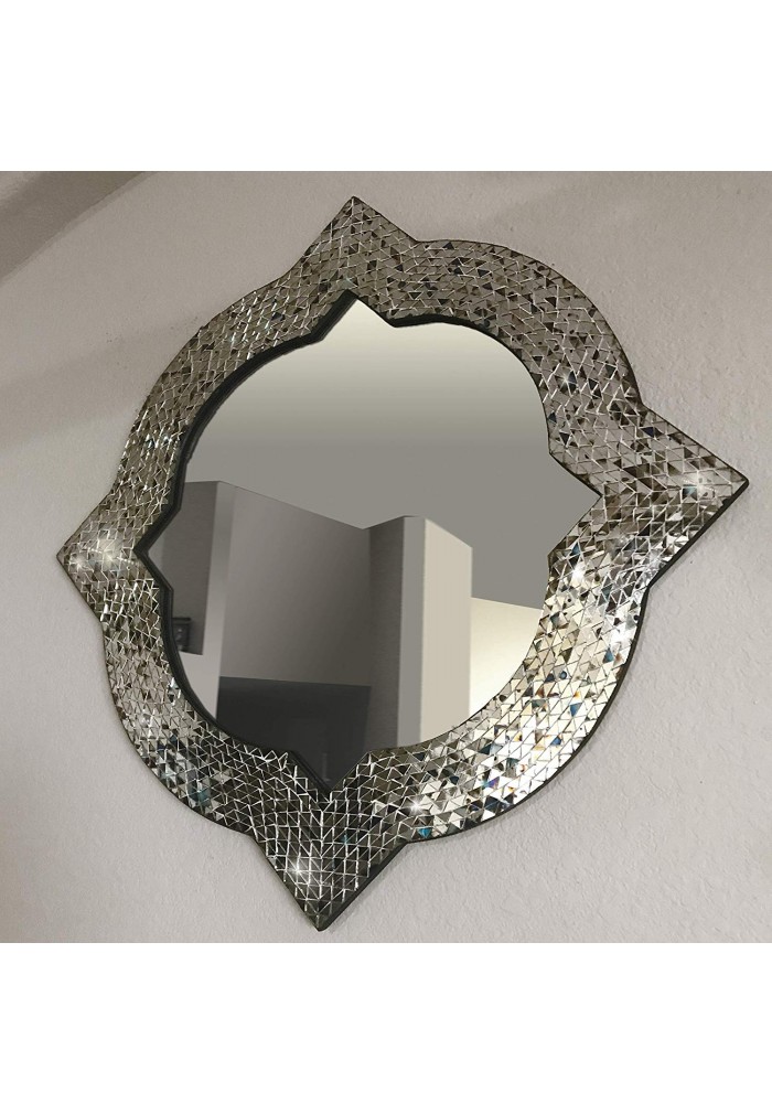 Andalusian Quatrefoil Mirror, Lindaraja Designer Mosaic Glass Framed Wall Mirror, 24"x24" Colorful Wall Mirror (Multi Silver)