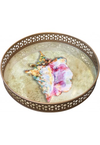 DecorShore Decorative Tray 13 inch Metal Tray with Contemporary Beach & Conch with Brushed Gold Finish