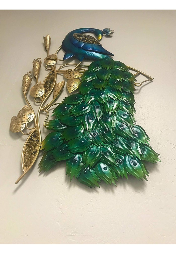 DecorShore Contemporary Peacock Metal Wall Art in Gold Blue Color for Home Decor