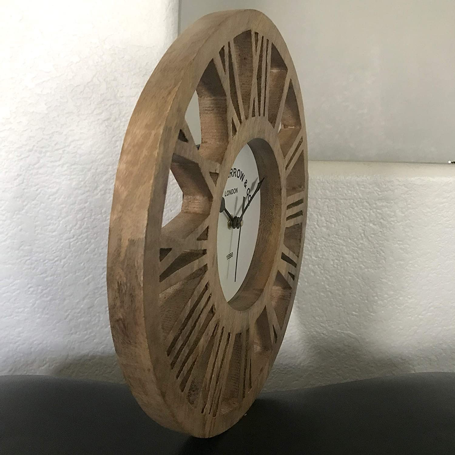 Decorshore 12 Inches Round Rustic Wood Wall Clock Carved Design