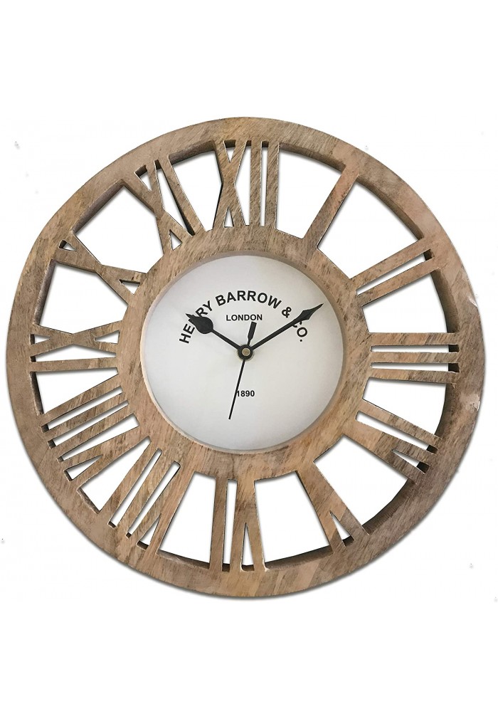 DecorShore 12 inches Round Rustic Wood Wall Clock, Carved Design Silent Decorative Wooden Clock for Home Decor