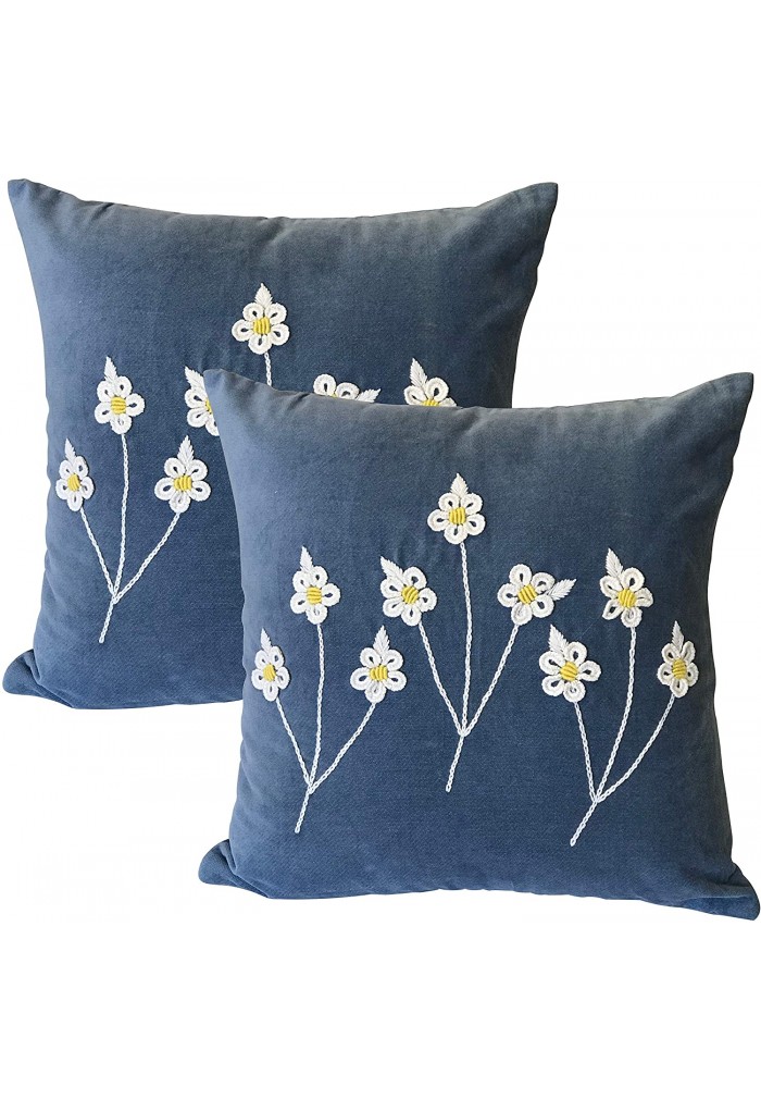 DecorShore Kenna 18 inch Artisanal Decorative Throw Pillow Cover in Blue with Daisy Floral Embroidery
