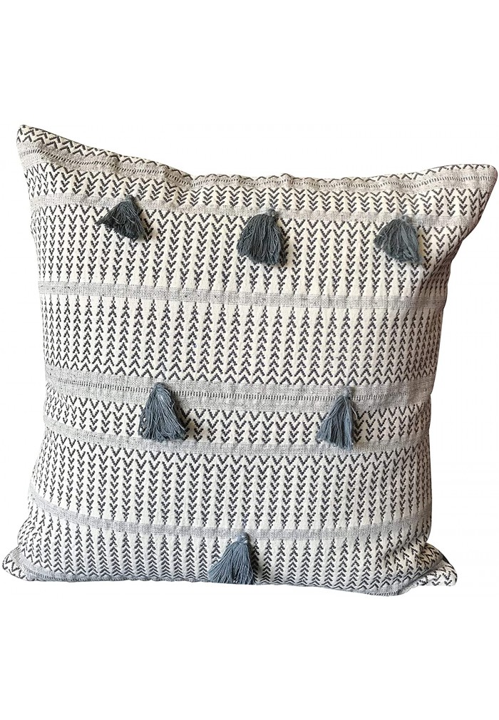 Throw Pillow Cover Tribal Boho Woven Pillowcase with Tassels Soft for Sofa Couch 18 Inch Blue Ivory