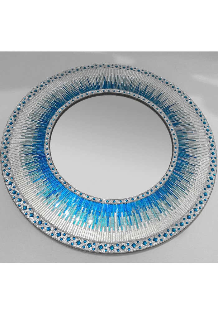 Decorative Wall Mirror Mosaic 24" Round Handcrafted Wall Art in Shades of Ocean Blue & Aqua Colorful Glass Tile
