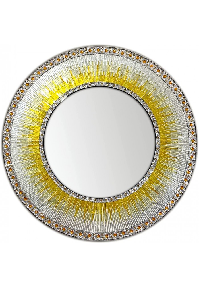 Decorative Wall Mirror 24" Round Mosaic Mirror in Shades of Sunny Yellow & Gold, White Silver Glitter Colorful Glass Tile