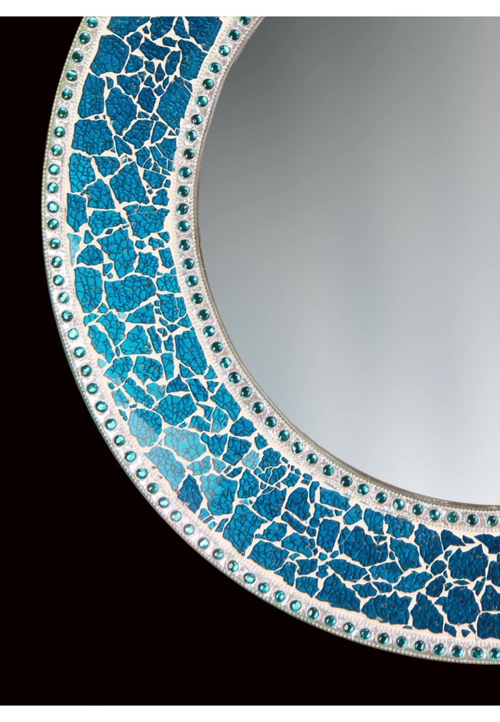 24" Sapphire Round Wall Mirror, Handmade Crackled Glass Mosaic Tile Framed, Decorative Design by DecorShore