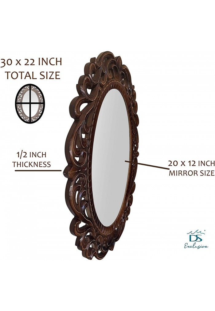 DecorShore 30x22" Handcrafted Real Wood Carved Traditional Home Décor Solid Wooden Mirror in shades of Brown