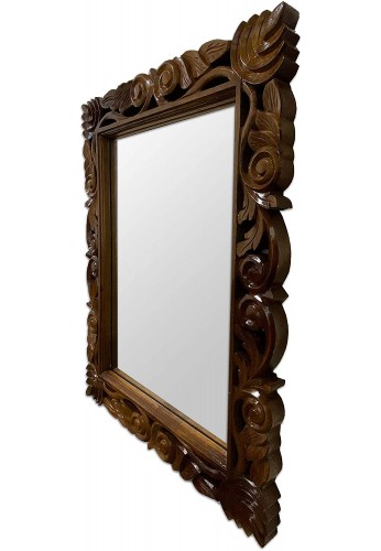DecorShore 30x24" Handcrafted Wood Wall Mirror, Traditional Home Decor Solid Wooden Framed Mirror in Shades of Brown