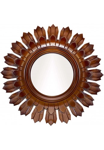 DecorShore 24" Handcrafted Wood Wall Mirror, Traditional Home Decor Solid Wooden Sun Shape Framed Mirror in Brown