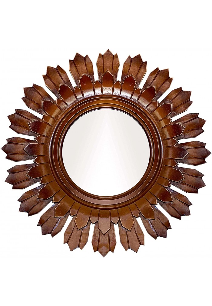 Handcrafted carved traditional style Natural sunburst wood wall mirror in  Brown | DecorShore