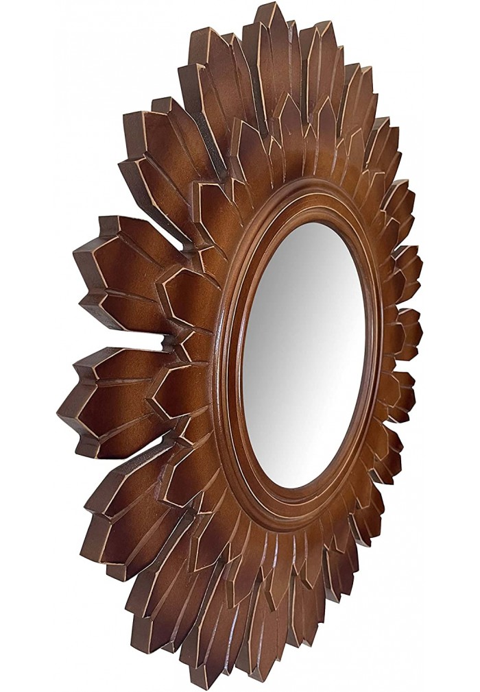 DecorShore 24" Handcrafted Traditional Home Décor Solid Wooden Sun Shape Framed Mirror in Brown