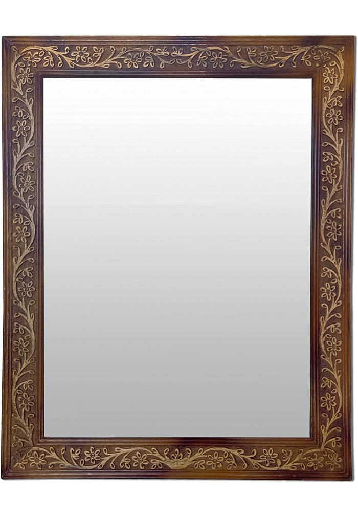 DecorShore Solid Wooden Framed Mirror Carved & Real Wood Mirror Rectangular in Brown Farmhouse Style 