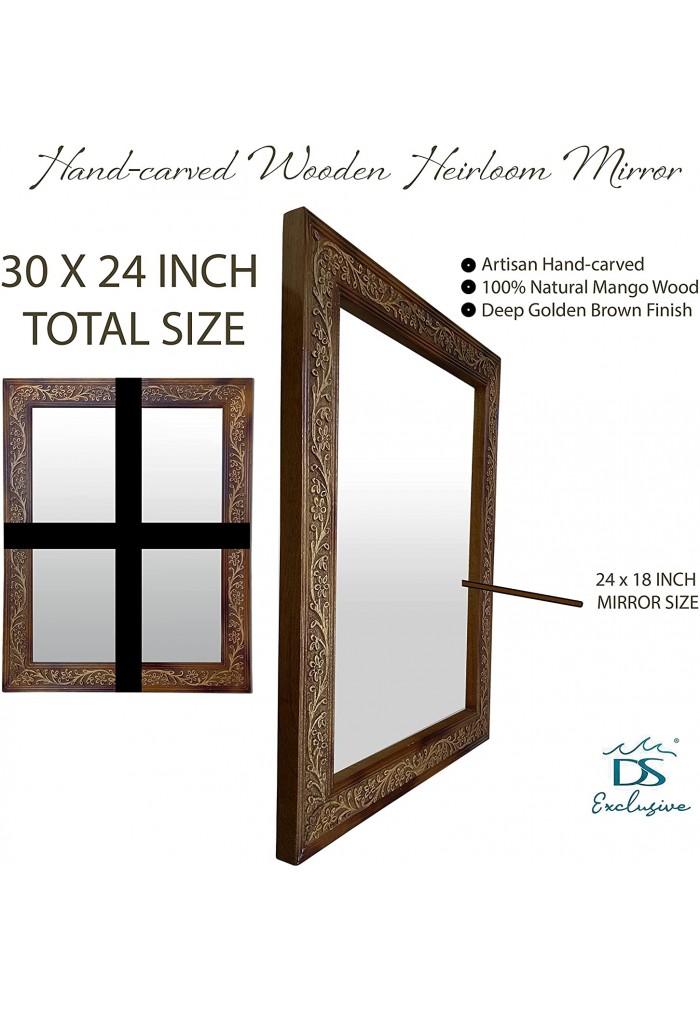 DecorShore Solid Wooden Framed Mirror Carved & Real Wood Mirror Rectangular in Brown Farmhouse Style 