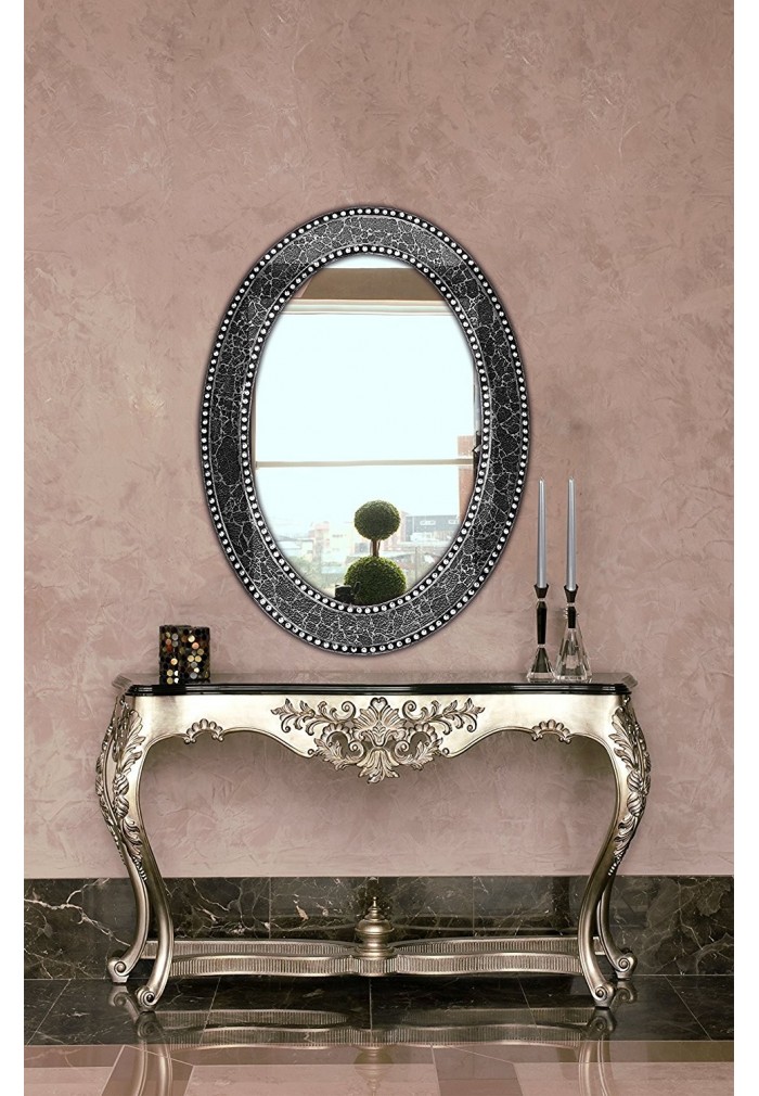 32.5”x24.5” Oval Frame, Crackled Glass Mosaic Decorative, Vanity Mirror in Jewel Tone Colors by DecorShore (Black / Gray)