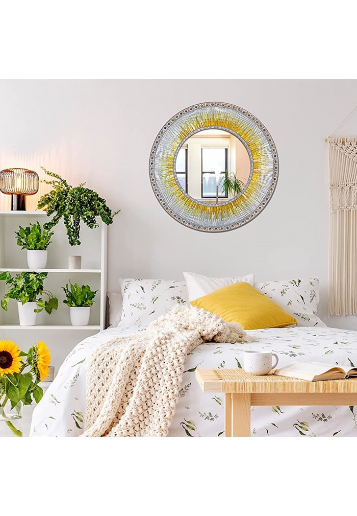 Decorative Wall Mirror 24" Round Mosaic Mirror in Shades of Sunny Yellow & Gold, White Silver Glitter Colorful Glass Tile
