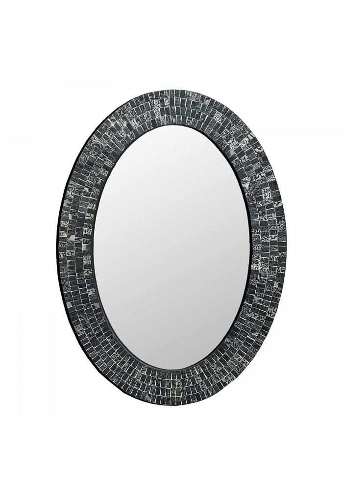 DecorShore Traditional Decorative Mosaic Mirror - 32x24 in Oval Shape Hanging Black & Silver Wall Mirror