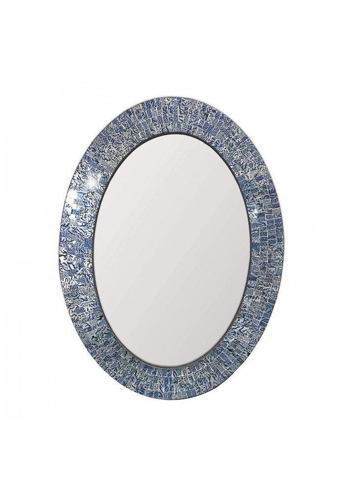 DecorShore Traditional Decorative Mosaic Mirror - 32x24 in Oval Shape Hanging Blue Wall Mirror
