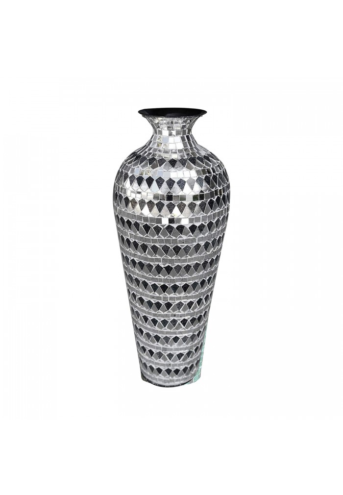Home Decor Geometric Pattern Metal Floor Vase with Glass Mosaic in Elegant Silver & Black Tessellation Pattern 