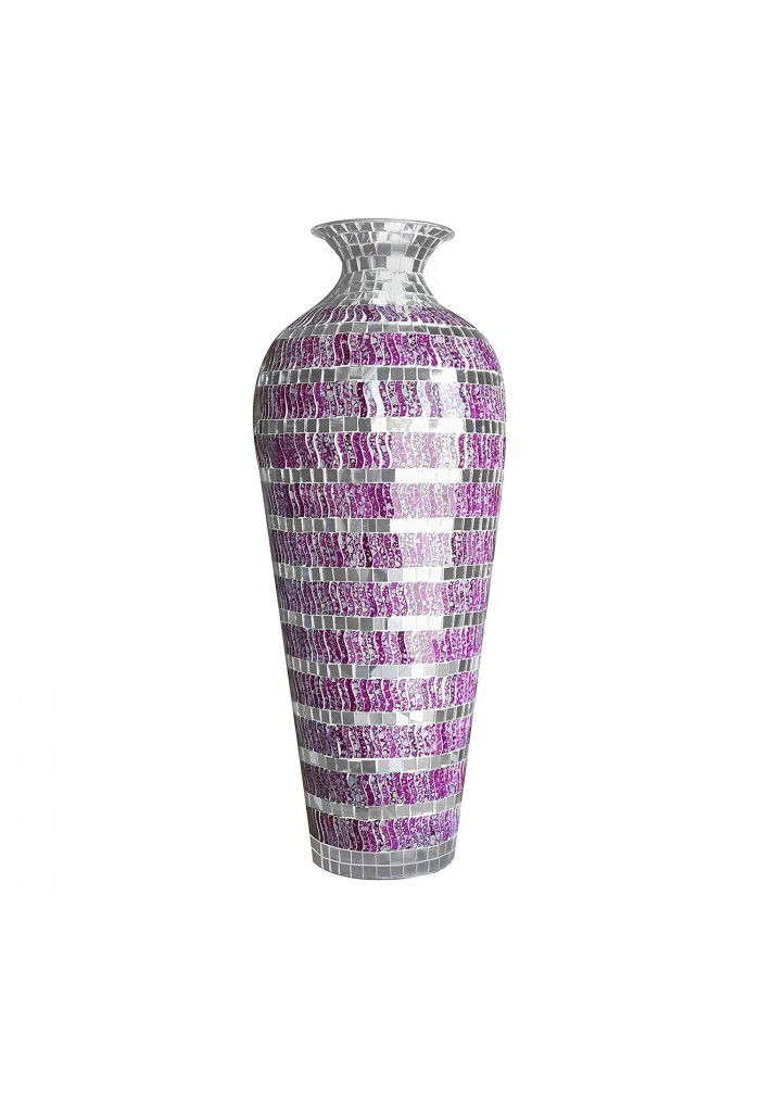 DecorShore Decorative Mosaic Vase - Geometric Pattern Metal Floor Vase with Glass Mosaic in Marbled Magenta Silver Wavy Shape