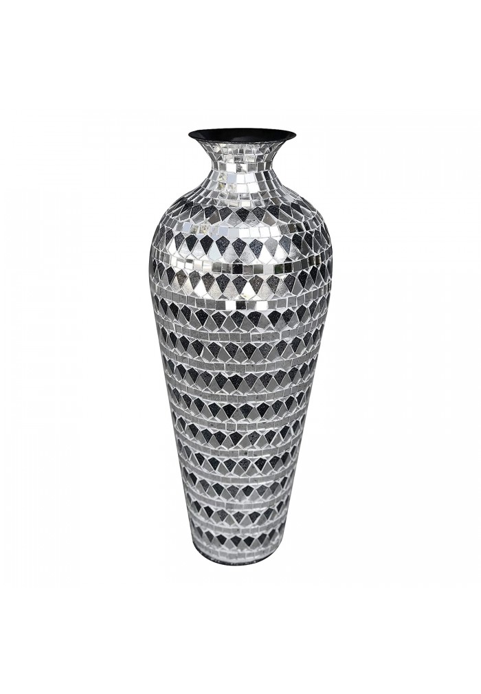 Home Decor Geometric Pattern Metal Floor Vase with Glass Mosaic in Elegant Silver & Black Tessellation Pattern 