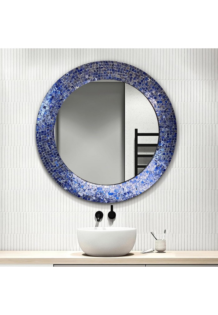 24" Sapphire and Silver, Handmade Round Decorative Glass Mosaic Tile Framed Accent Wall Mirror by DecorShore 