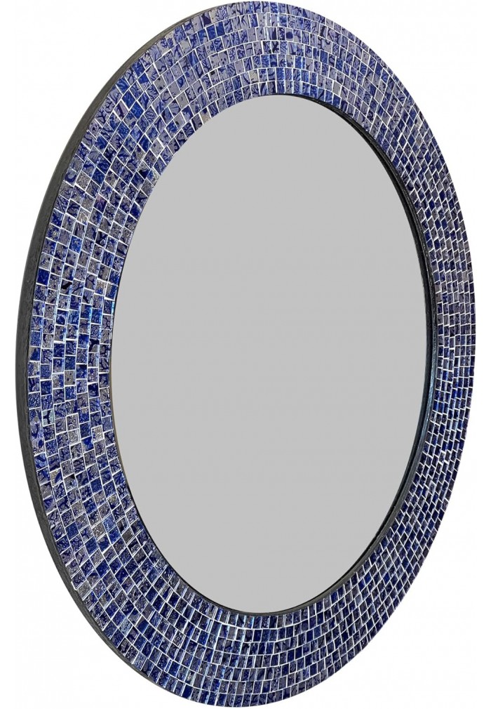 24" Sapphire and Silver, Handmade Round Decorative Glass Mosaic Tile Framed Accent Wall Mirror by DecorShore 