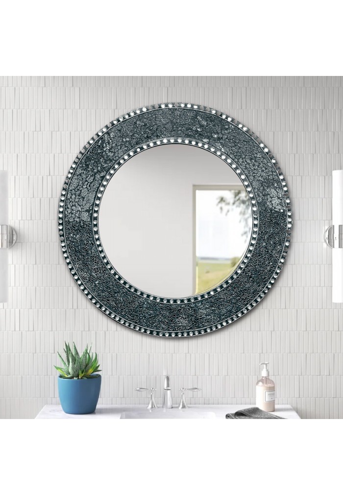 24 inch Black and Silver, Round Wall Mirror, Handmade Crackled Glass Mosaic Accent Wall Mirror, Decorative Design by DecorShore