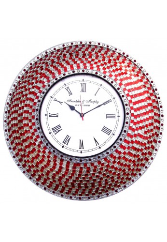 DecorShore Round Decorative Wall Clock | Handmade Mosaic Glass Frame with Beaded Bezel Large Wall Clock for Home Decor, Bedroom, Kitchen, Bathroom | Silent Motion Non-Ticking | Red and Silver - 22.5"