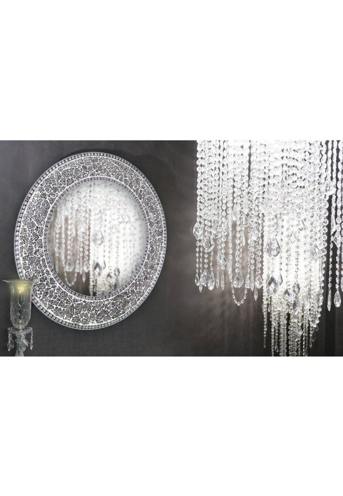 24" Silver Round Wall Mirror, Crackled Glass Mosaic, Decorative Design by DecorShore