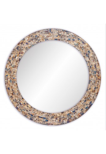 24 Inch Round Gold Hued Multi Colored Decorative Mosaic Glass Wall Mirror, Handmade Mosaic Tile Frame Accent Mirror