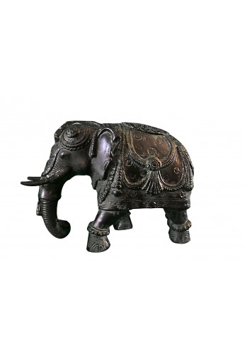 Asian Elephant Black Green Patina Metal Statue, Handcrafted Decorative Animal Sculpture Tabletop Decor