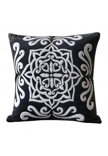Sienna 18 inch Artisan Crafted Decorative Throw Pillow Cushion Cover - Luxe Velvet in Dark Charcoal Gray w/Ornamental Damask Pattern in White (1)