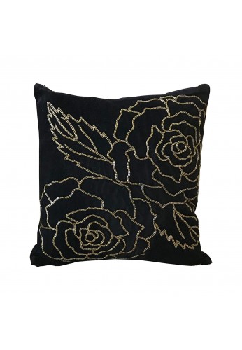 Isabella 18 inch Artisan Crafted Velvet Decorative Throw Pillow Cover with Hand Beaded Gold Rose Pattern