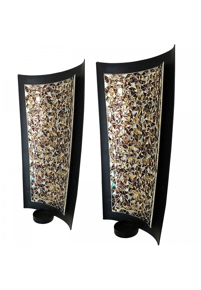 DecorShore Mosaic Wall Sconces Tealight Candle Holders - Abstract Metal Wall Art Candle Sconces Pair (Large - 15 inch)